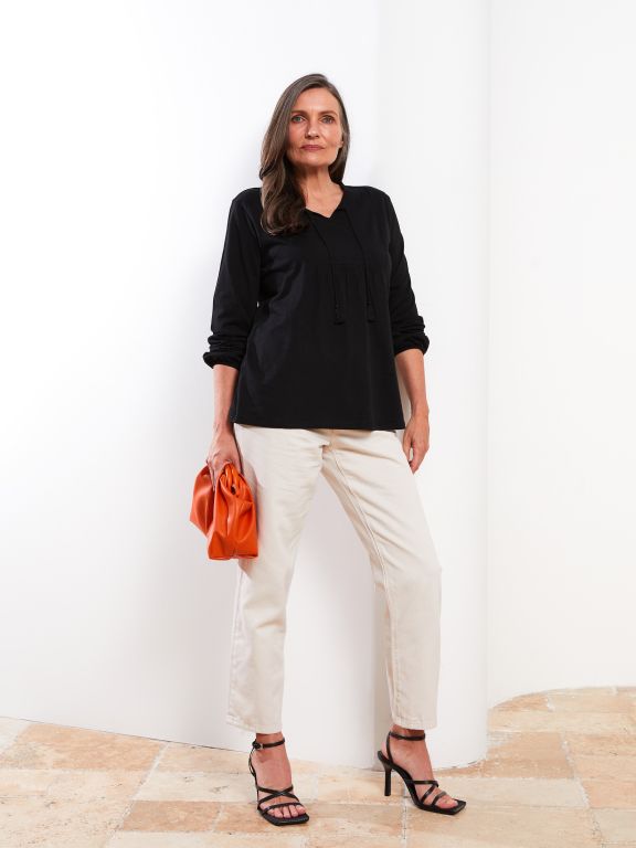 Tie Collar Straight Long Sleeve Cotton Women's Blouse