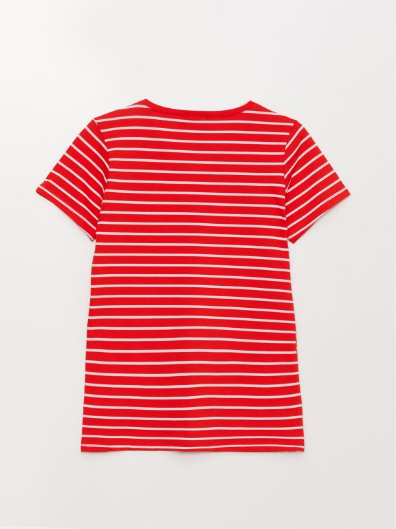 V Neck Striped Short Sleeve Women T-Shirt