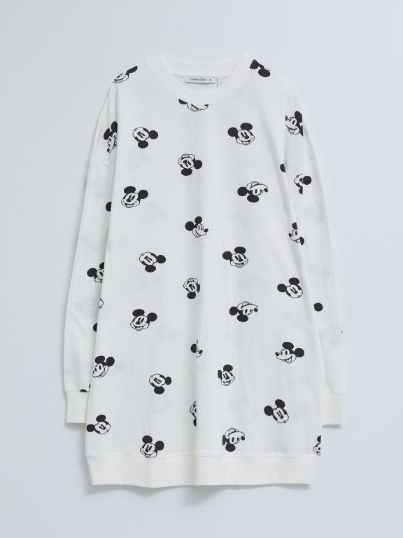 Crew Neck Mickey Mouse Printed Long Sleeve Oversize Cotton Women's Tunic