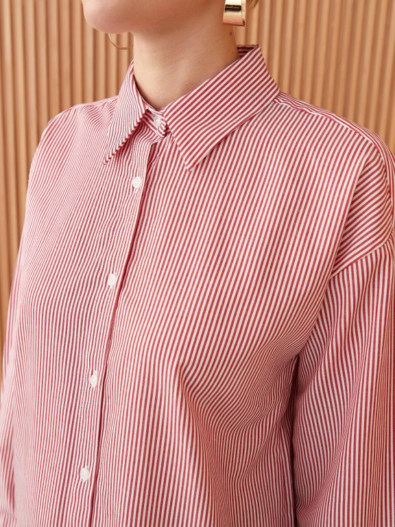 Shirt Collar Striped Long Sleeve Poplin Women's Tunic