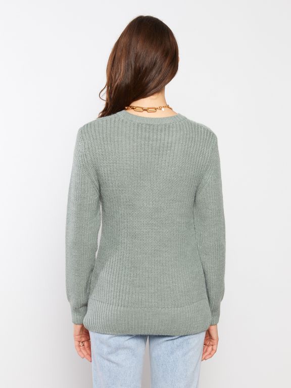 Crew Neck Self Patterned Long Sleeve Women's Tricot Sweater