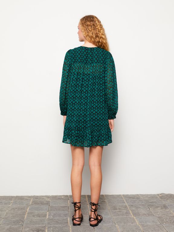 Crew Neck Patterned Long Sleeve Chiffon Women's Dress