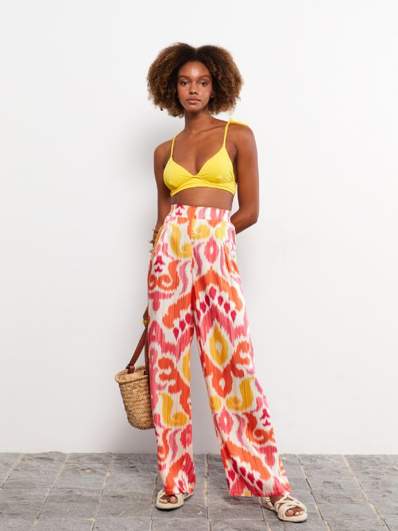 Elastic Waist Patterned Satin Women's Trousers