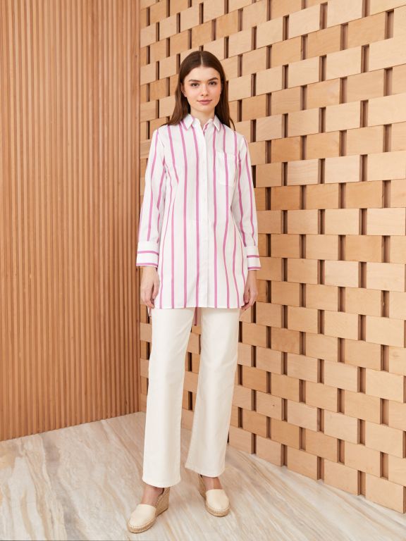 Shirt Collar Striped Long Sleeve Women's Tunic