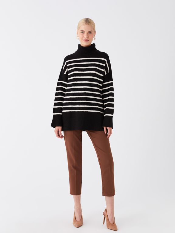 Turtleneck Striped Long Sleeve Oversize Women's Knitwear Sweater