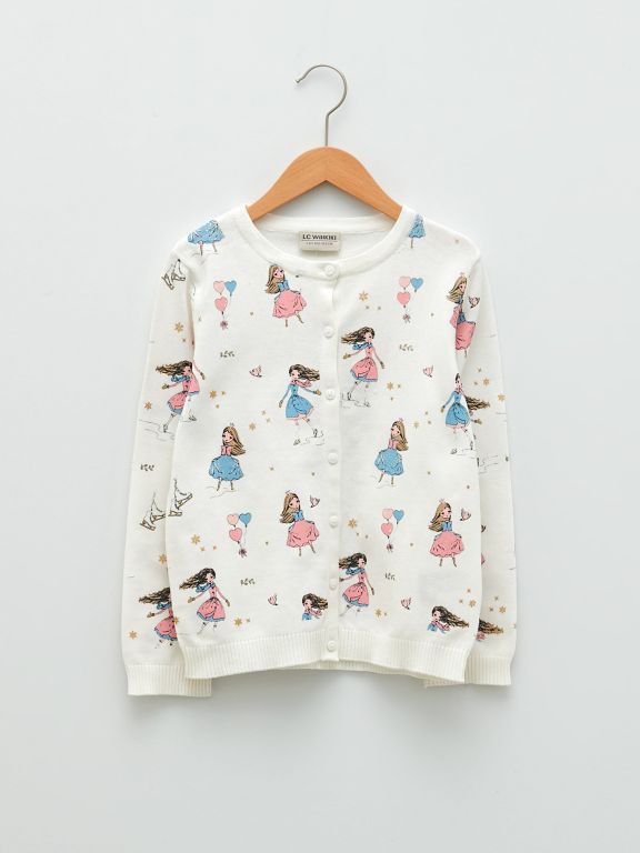 Crew Neck Patterned Long Sleeve Girl Tricot Cardigan