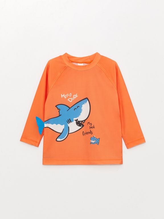 Crew Neck Long Sleeve Printed Baby Boy Swimwear Set