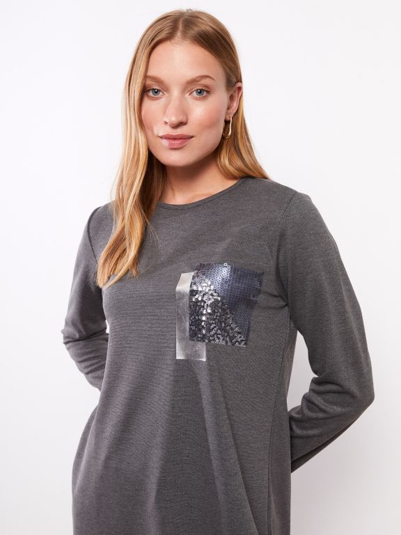 Crew Neck Sequin Embroidered Long Sleeve Women's Tunic