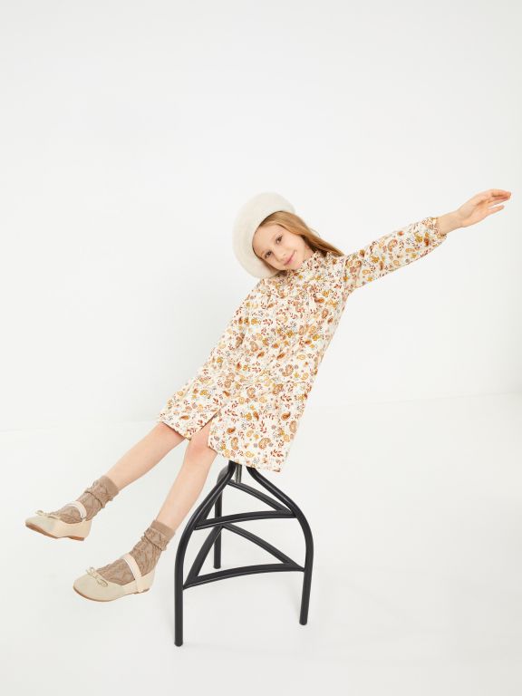 Crew Neck Patterned Long Sleeve Gabardine Girl Dress