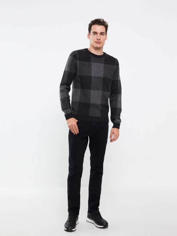 Crew Neck Long Sleeve Plaid Men's Tricot Sweater