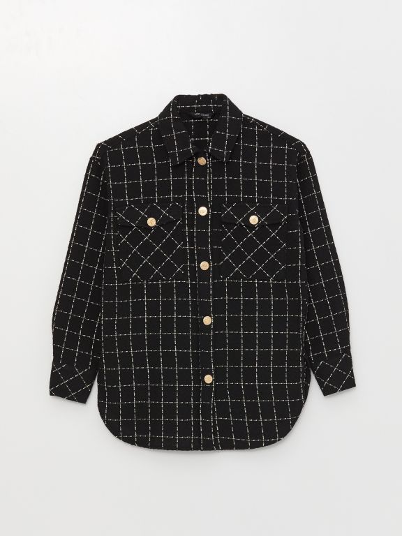 Patterned Long Sleeve Tweed Oversize Women's Shirt Jacket