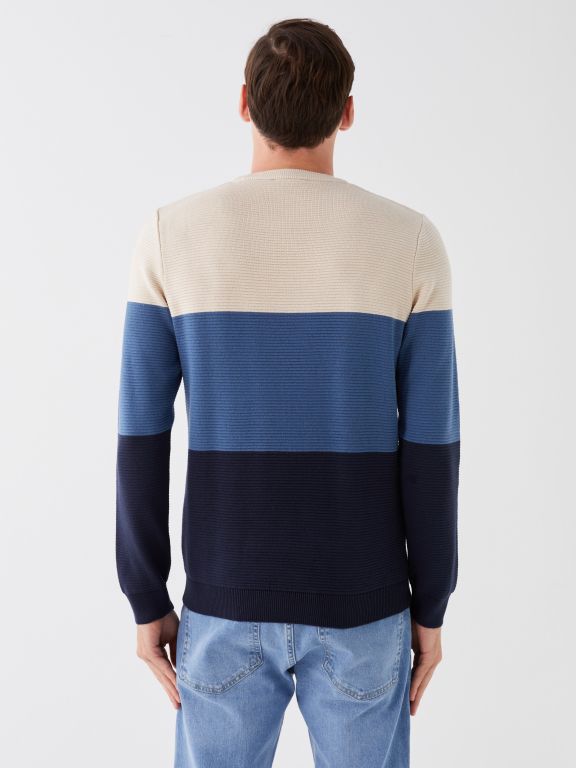 Crew Neck Long Sleeve Men's Tricot Sweater with Color Block