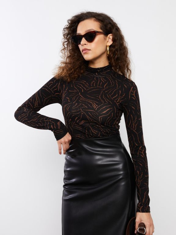 Turtle Neck Patterned Long Sleeve Women's T-shirt