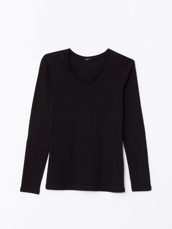 V Neck Straight Long Sleeve Cotton Women's T-Shirt