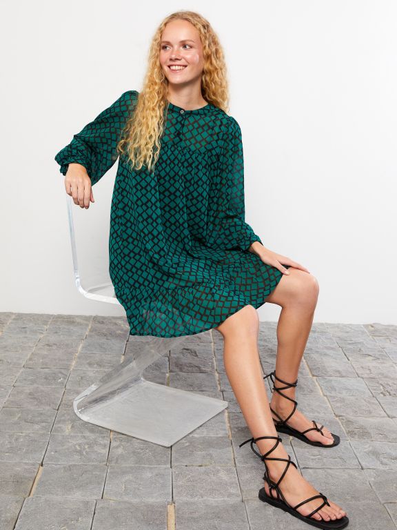 Crew Neck Patterned Long Sleeve Chiffon Women's Dress