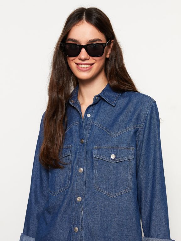 Front Button Closure Straight Long Sleeve Women's Jean Shirt