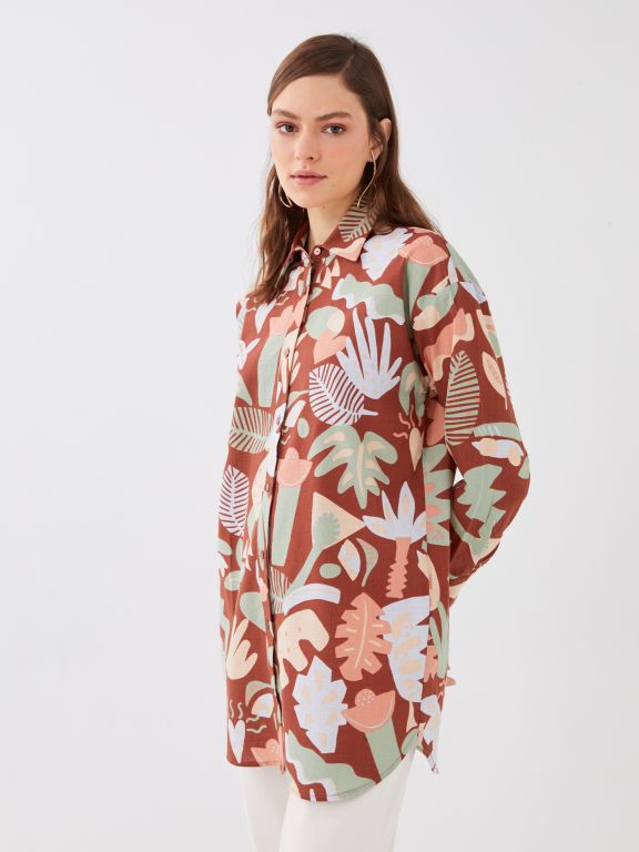 Shirt Collar Patterned Long Sleeve Women's Poplin Tunic