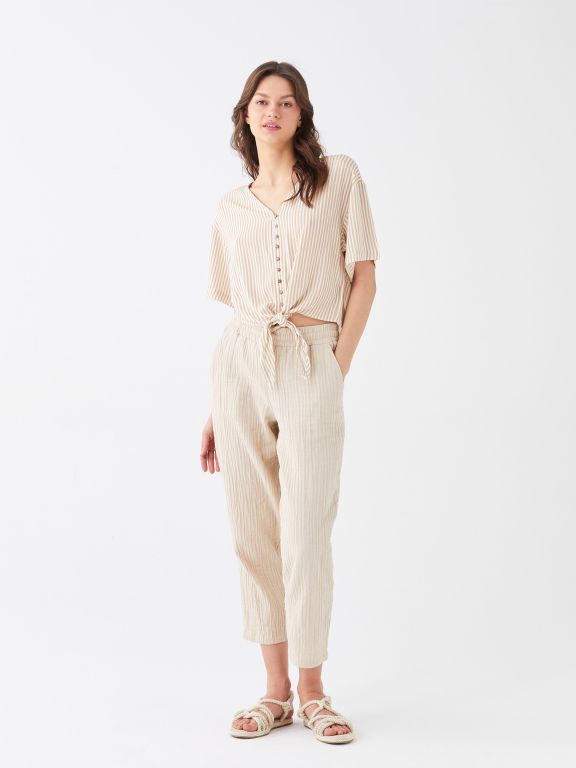V-Neck Striped Short Sleeve Oversize Women's Blouse