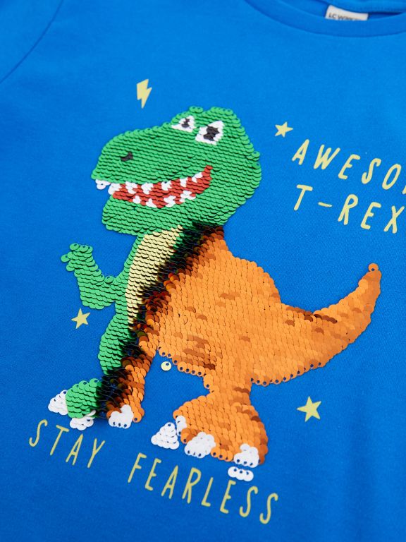 Crew Neck Printed Reversible Sequined Long Sleeve Boy T-Shirt