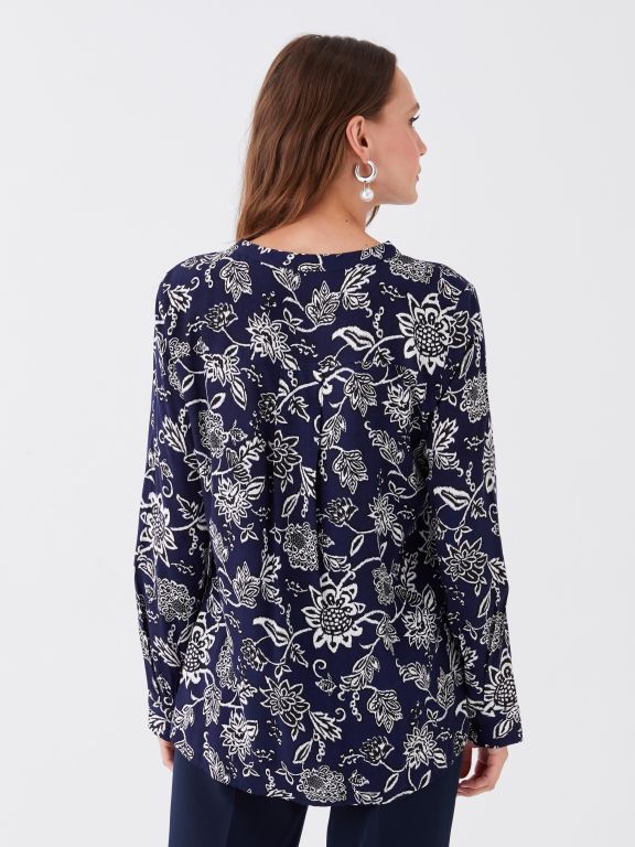 Henley Neckline Patterned Long Sleeve Women's Blouse