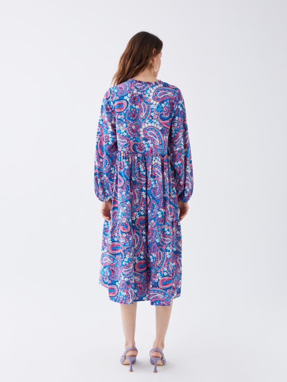 Tie Collar Patterned Long Sleeve Women's Shirt Dress