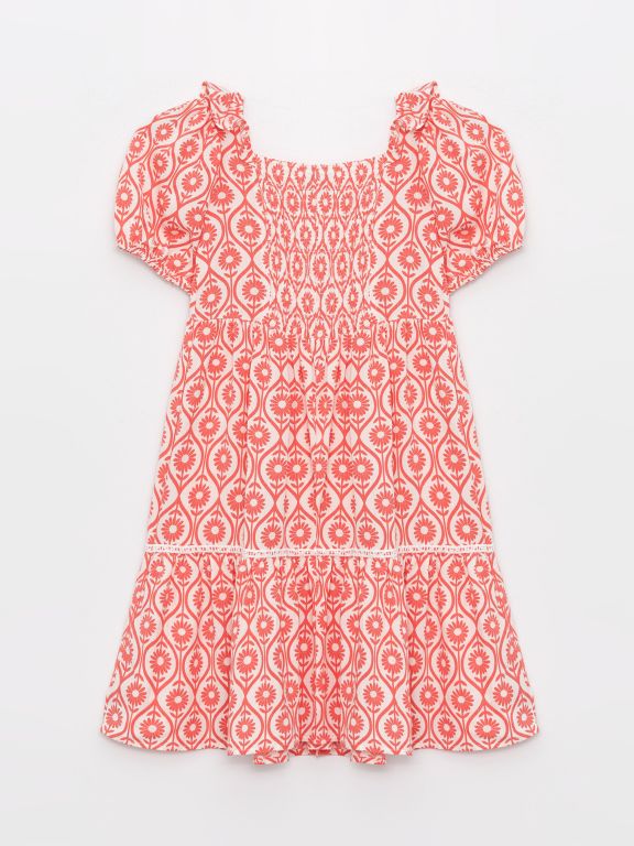 Square Neck Patterned Short Sleeve Girls' Dress