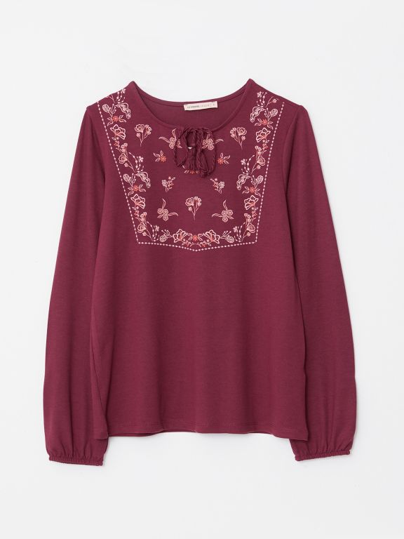 Tie Neck Printed Long Sleeve Women's T-shirt
