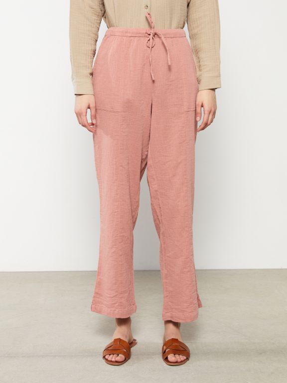 Elastic Waist Comfortable Fit Straight Pocket Women's Trousers Detailed