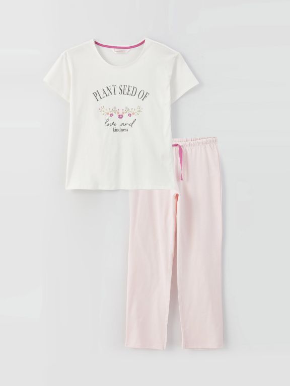 Crew Neck Printed Short Sleeve Women's Pajama Set
