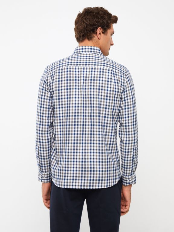 Regular Fit Long Sleeve Plaid Gabardine Men's Shirt