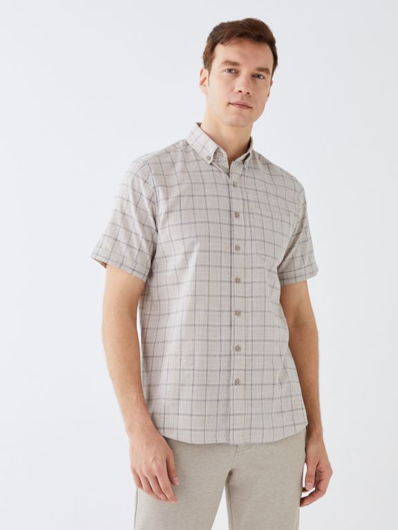 Regular Fit Short Sleeve Plaid Poplin Men's Shirt
