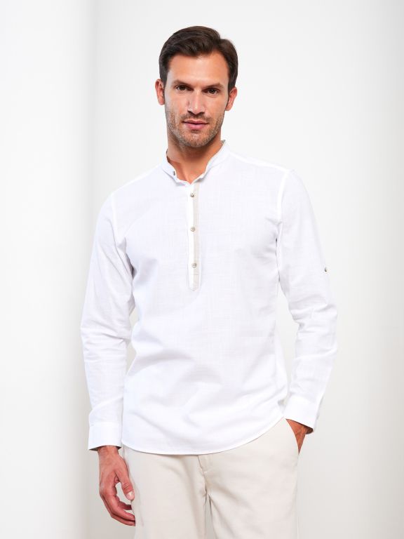 Slim Fit Judge Collar Long Sleeve Poplin Men's Shirt