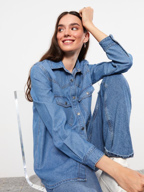 Front Button Closure Straight Long Sleeve Women's Jean Shirt