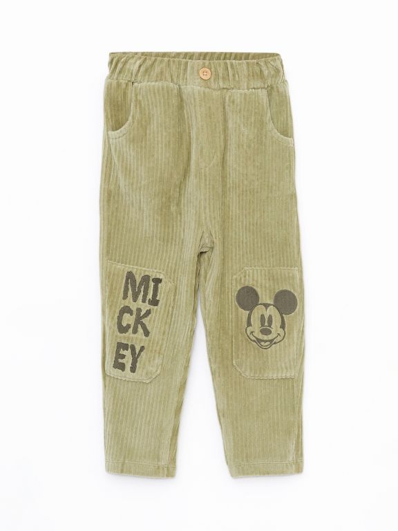 Elastic Waist Mickey Mouse Embroidery Detailed Baby Boy Velvet Trousers
