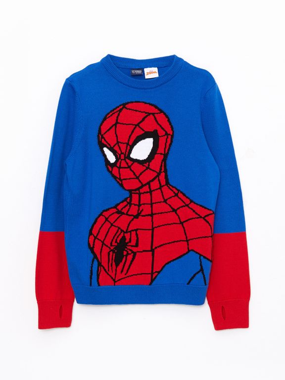 Crew Neck Spiderman Patterned Long Sleeve Boy Tricot Sweater