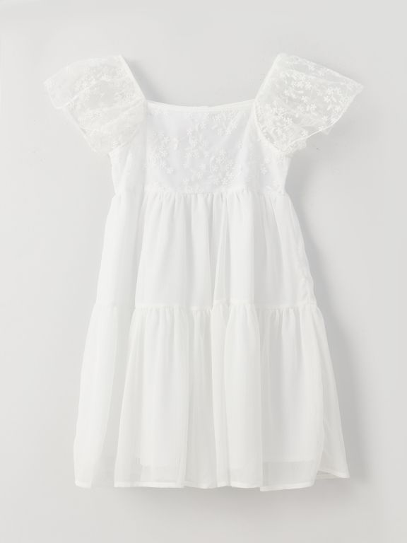 Square Collar Embroidered Short Sleeve Girls' Dress