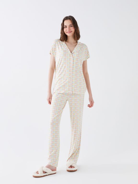 Shirt Collar Patterned Short Sleeve Women's Pajamas Set