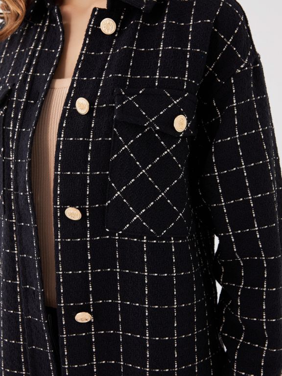 Patterned Long Sleeve Tweed Oversize Women's Shirt Jacket