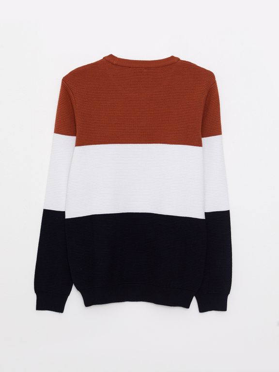 Crew Neck Long Sleeve Men's Tricot Sweater with Color Block