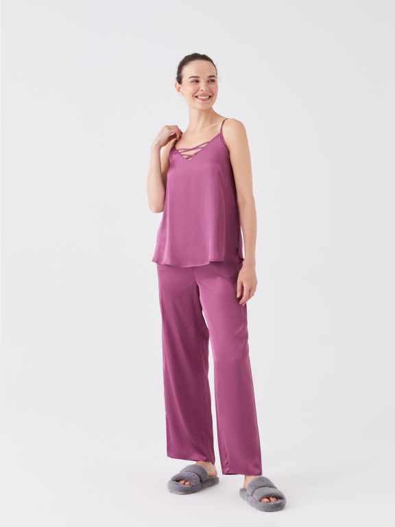V-Neck Straight Strap Satin Women's Pajamas Set