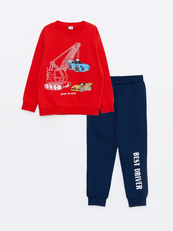 Crew Neck Printed Long Sleeve Boy Sweatshirt and Sweatpants