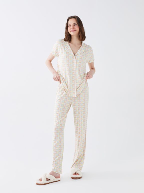 Shirt Collar Patterned Short Sleeve Women's Pajamas Set