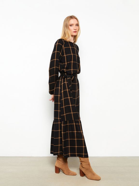 Crew Neck Plaid Long Sleeve Gabardine Women Shirt Dress