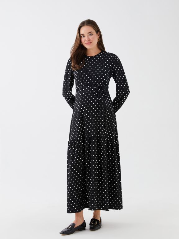 Crew Neck Polka Dot Long Sleeve Maternity Dress