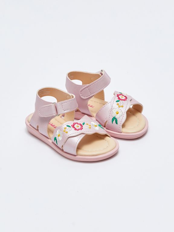 Floral Embroidered Velcro Closure Baby Girl Sandals