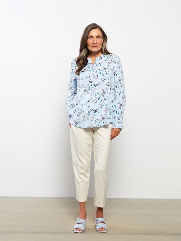 Crew Neck Flower Long Sleeve Viscose Women's Blouse