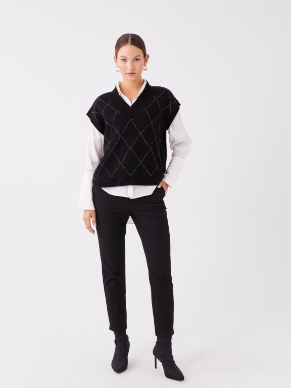 V-Neck Patterned Oversize Women Knitwear Sweater