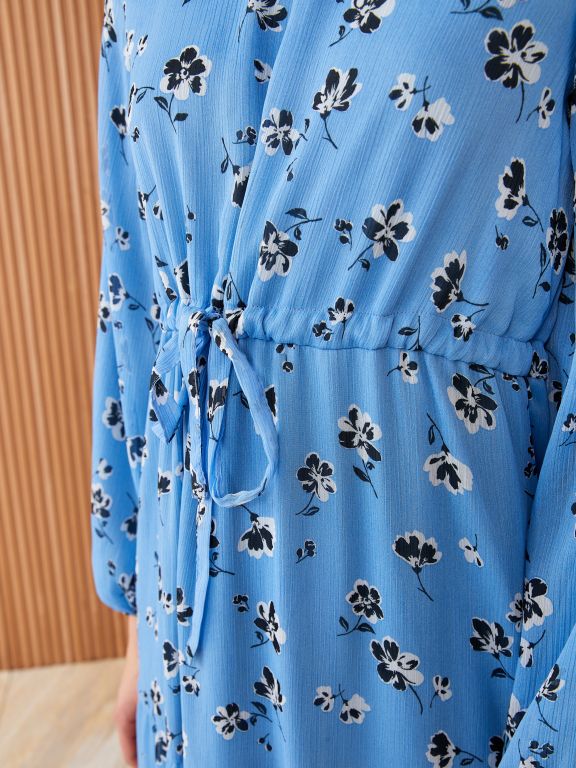 Women's Crew Neck Patterned Long Sleeve Dress