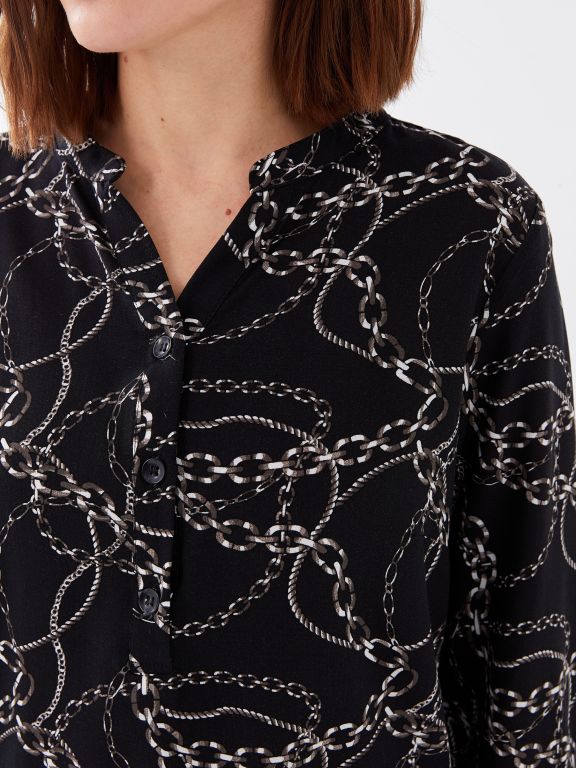 Henley Neckline Patterned Long Sleeve Women's Blouse