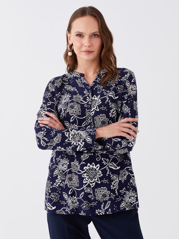Henley Neckline Patterned Long Sleeve Women's Blouse